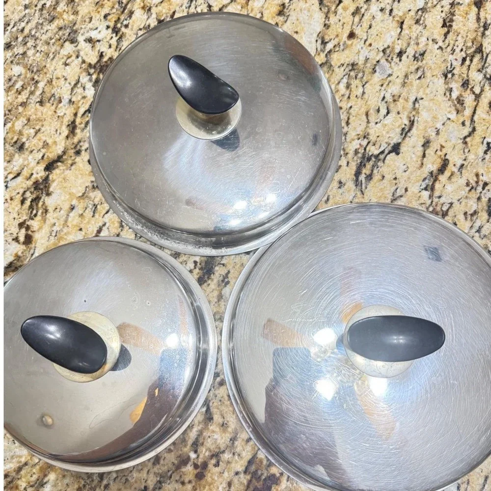 Vintage Stainless Steel Replacement Pot Pan Lids Set of 3 Black‎ Knobs 6 7 8 In